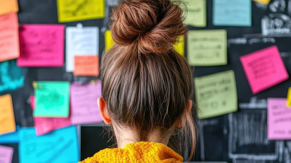 woman in office with post it notes on the wall