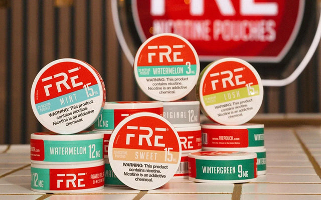 lineup of FRE zero-tobacco nicotine pouches