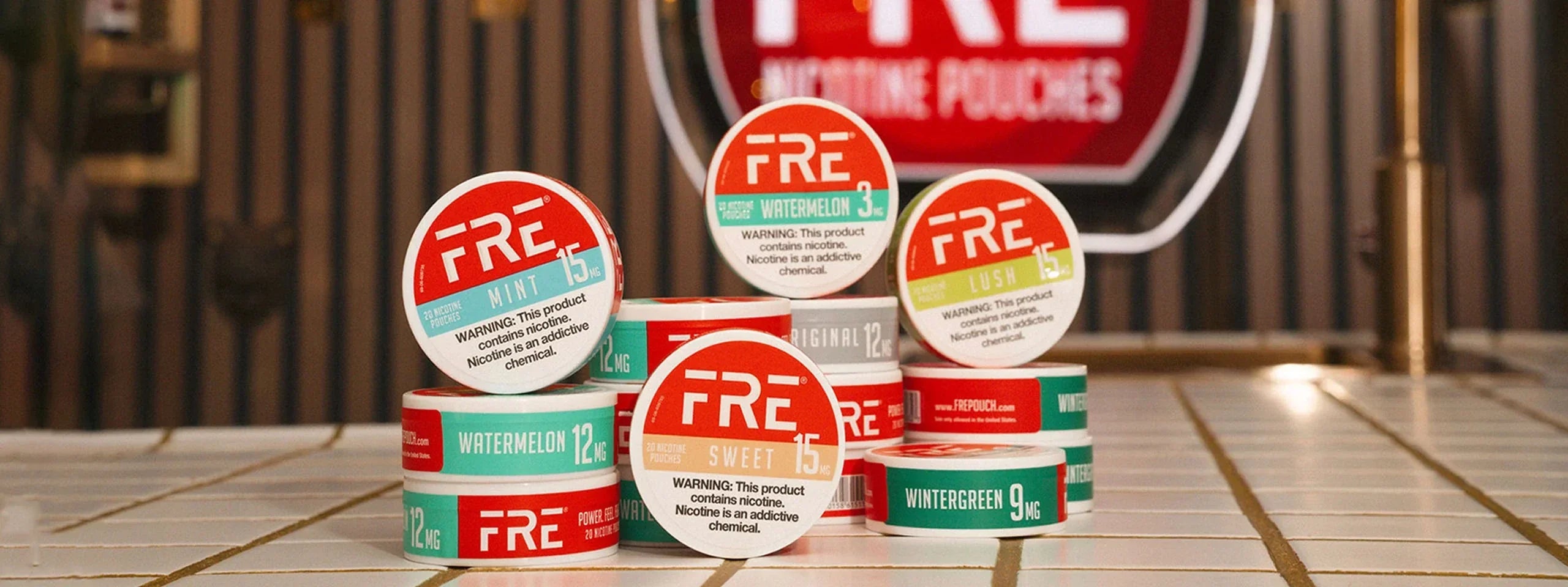 lineup of FRE zero-tobacco nicotine pouches