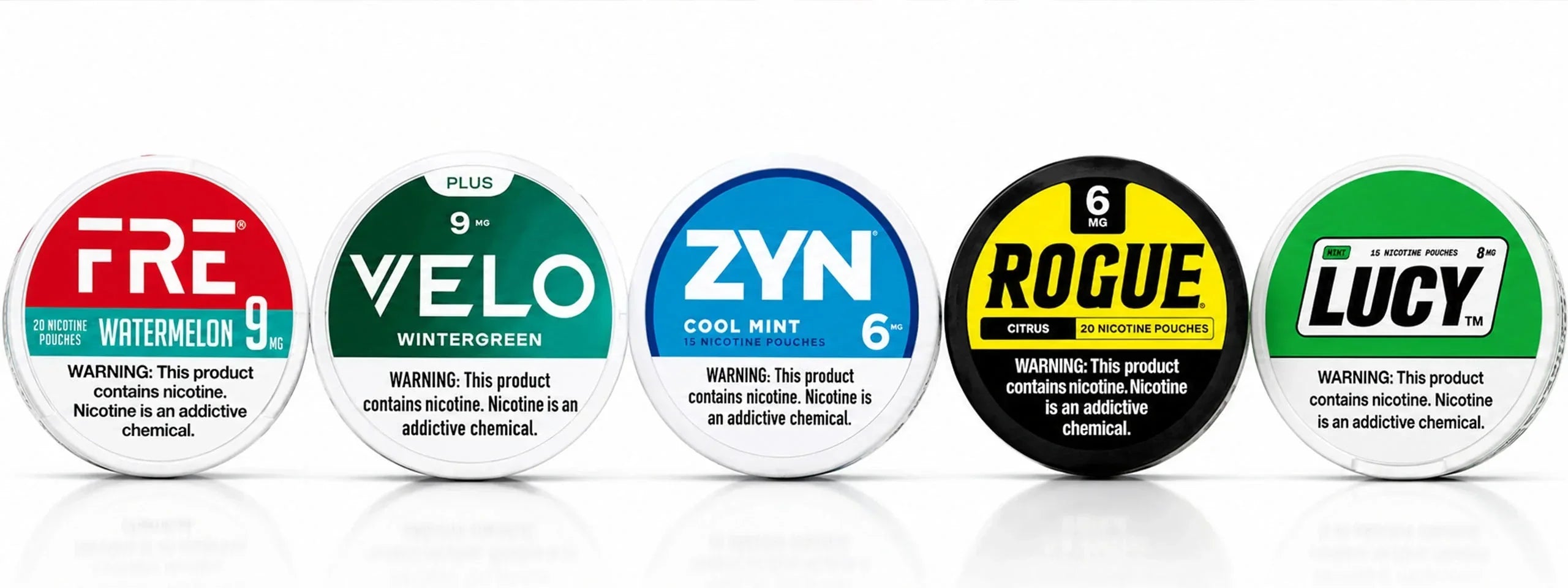 Lineup of FRE zero-tobacco cans as well competitor brands