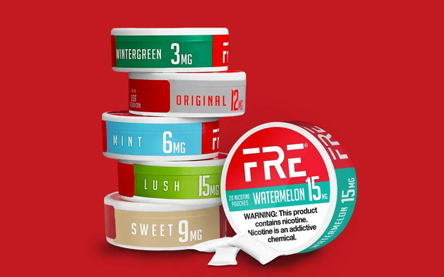 Stack of FRE nicotine pouch tins