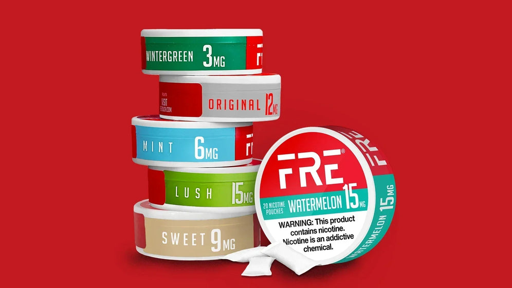 Stack of FRE nicotine pouch tins