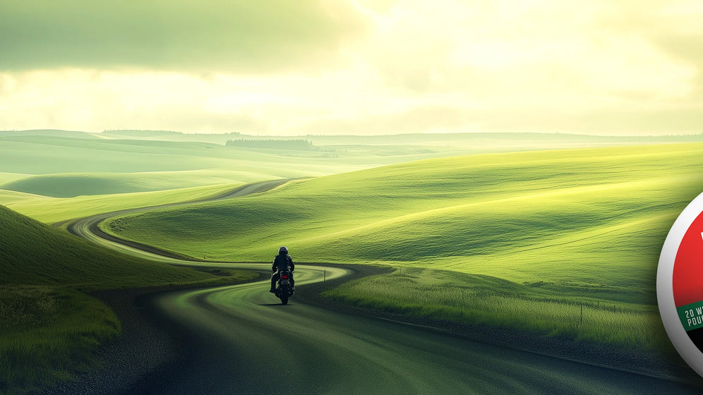 FRE Nicotine wjite pouches in Wintergreen with a winding, grassy road background