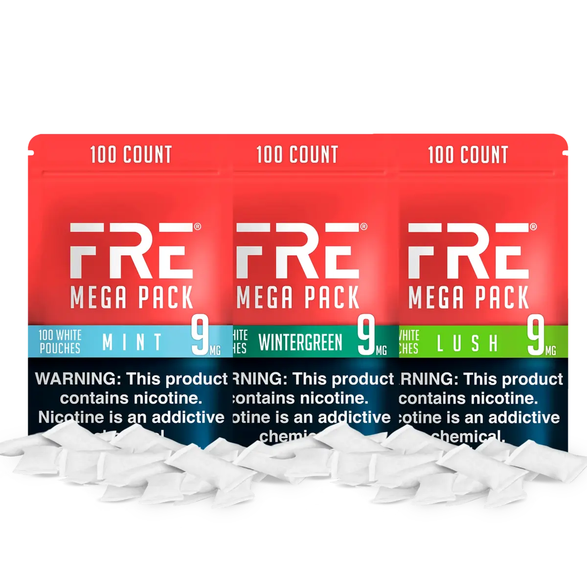 FRE Mega Packs of Nicotine Pouches in Mint, Wintergreen and Lush