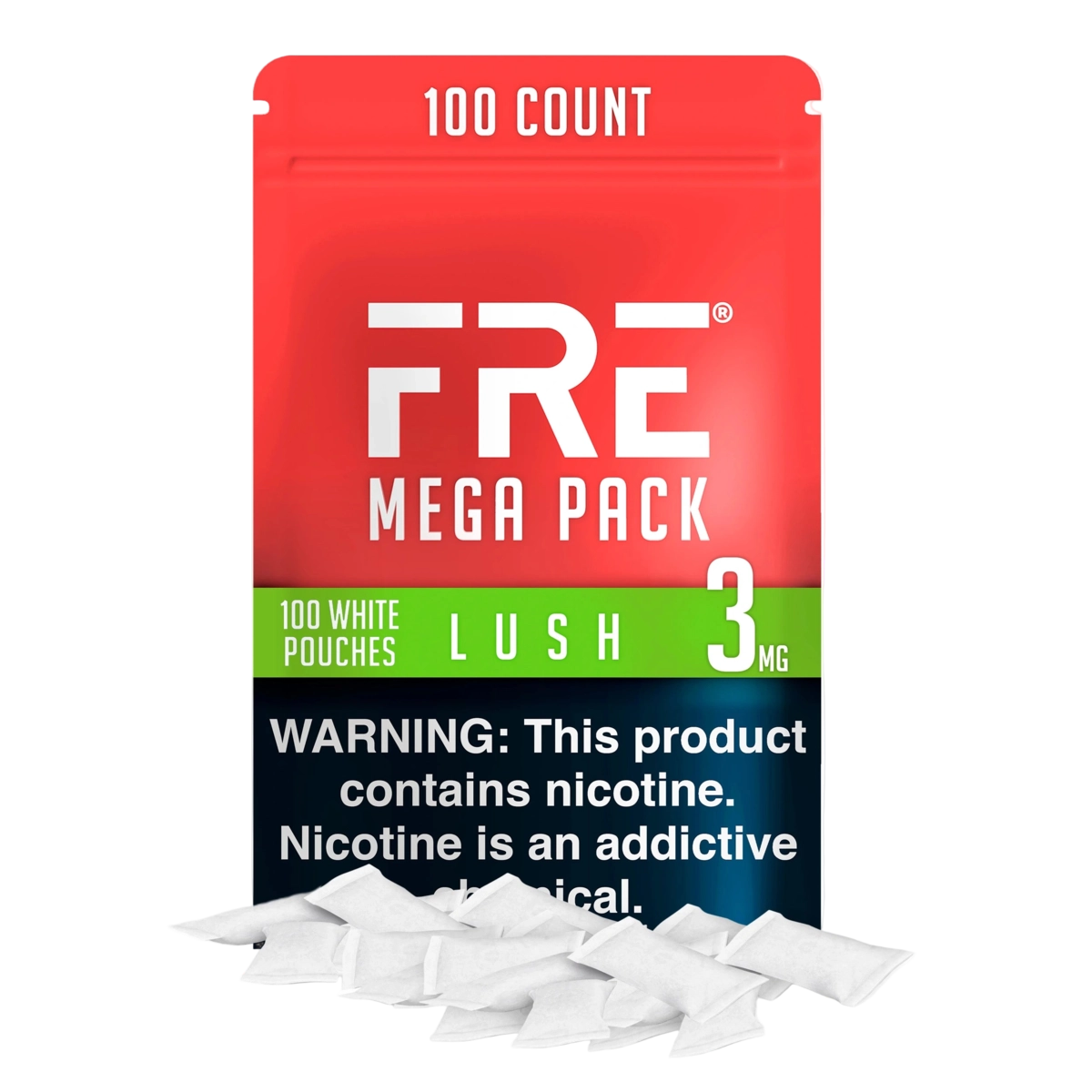 bulk 3 mg lush nicotine pouches in FRE Mega Pack with 100 white pouches, red and green label, and nicotine warning at the bottom