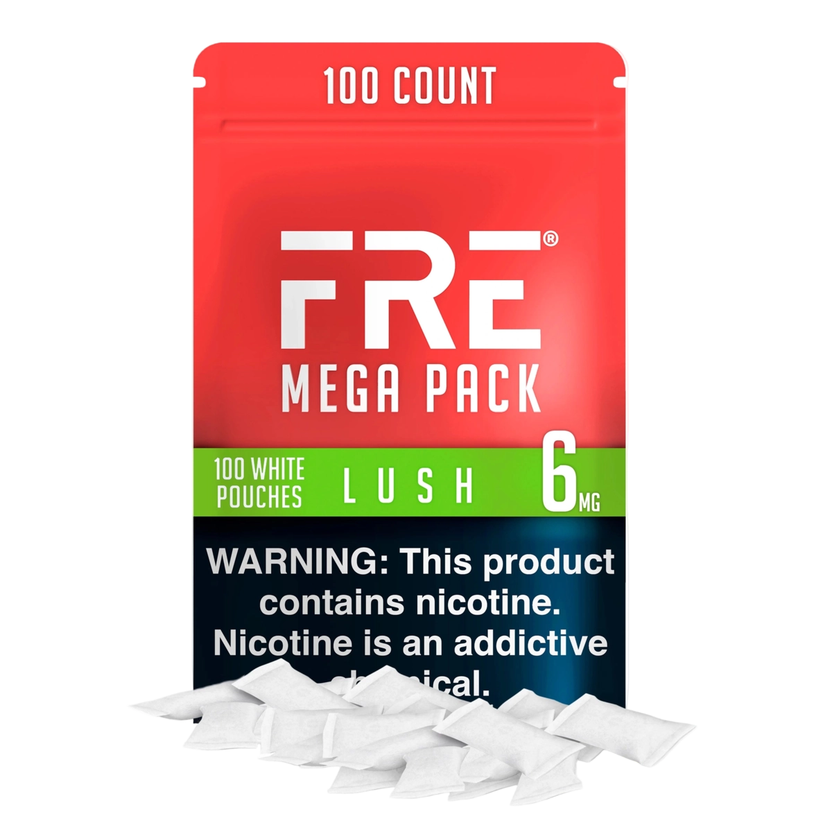 bulk 6 mg lush nicotine pouches in FRE Mega Pack with 100 white pouches, red and blue design, and nicotine warning clearly displayed