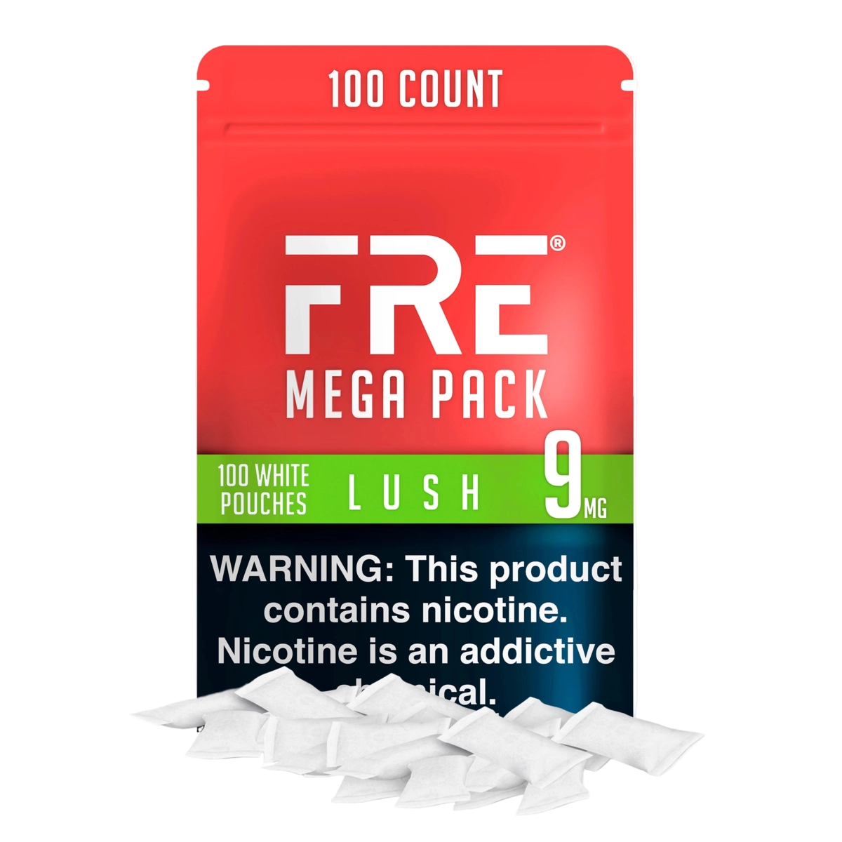 bulk 9 mg nicotine pouches in FRE Lush Mega Pack with 100 white pouches, red and green design, and nicotine addiction warning label