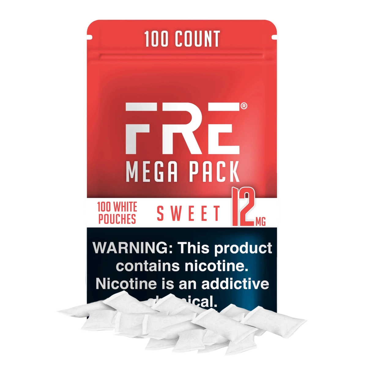 bulk 12 mg sweet nicotine pouches in FRE Mega Pack with 100 white pouches, red and white label, and nicotine warning clearly displayed