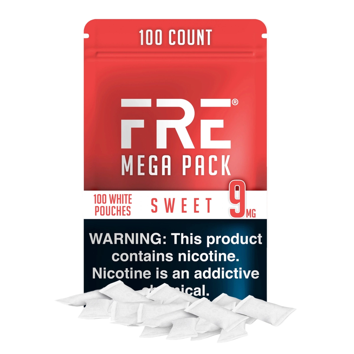 bulk 9 mg sweet nicotine pouches in FRE Mega Pack with 100 white pouches, red and white label, and visible nicotine warning text