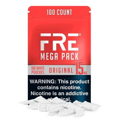 15mg bulk nicotine pouches from FRE Pouches in a red Original Mega Pack containing 100 white pouches.