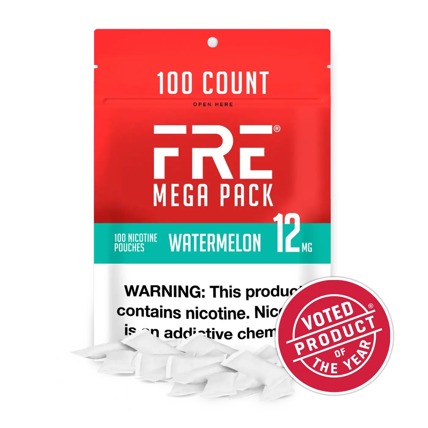 FRE Mega Pack Watermelon 12mg nicotine pouches, 100 count resealable bag with nicotine warning label