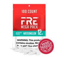 FRE Mega Pack Watermelon 12mg nicotine pouches, 100 count resealable bag with nicotine warning label