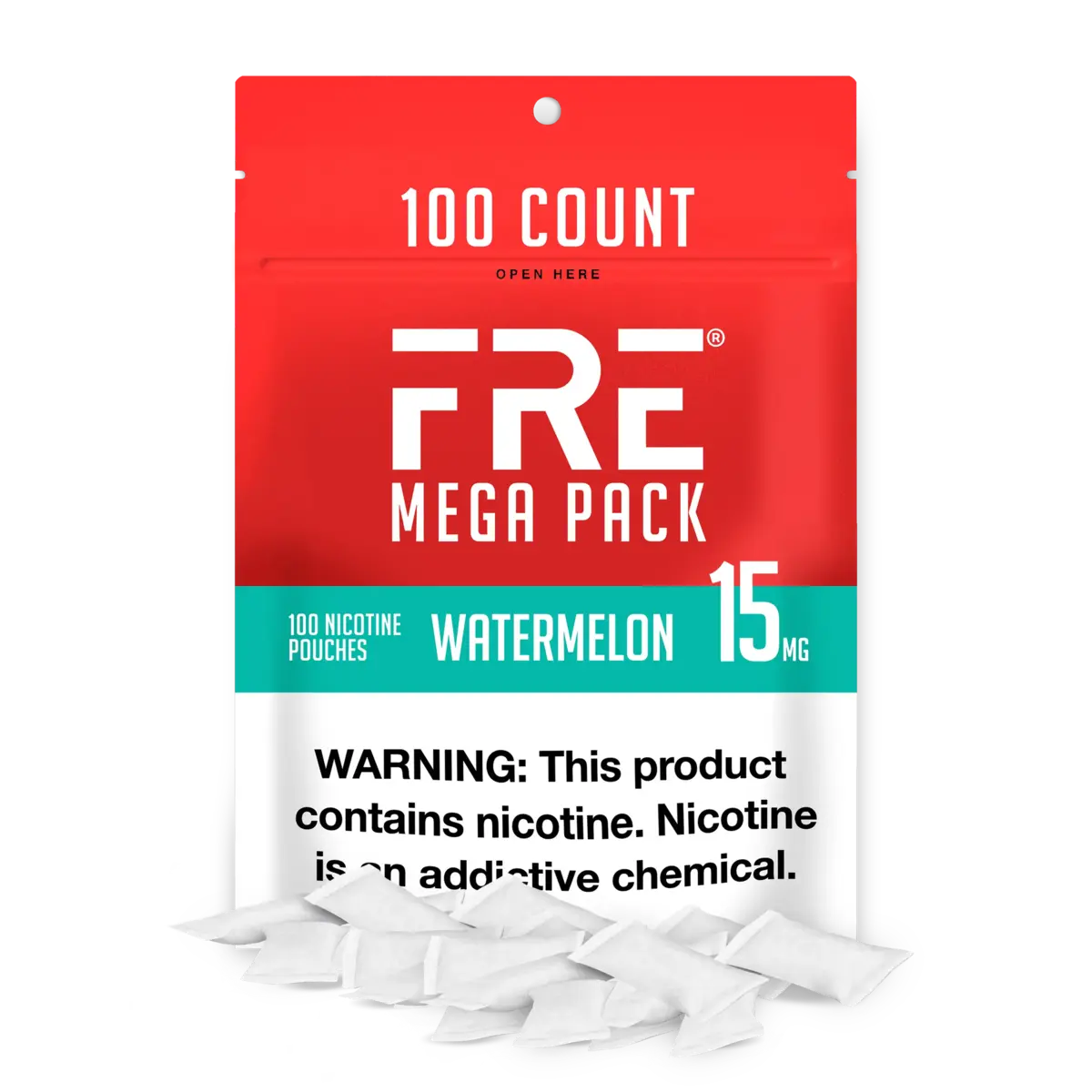 FRE Mega Pack Watermelon 15mg nicotine pouches, 100 count resealable bag with nicotine warning label