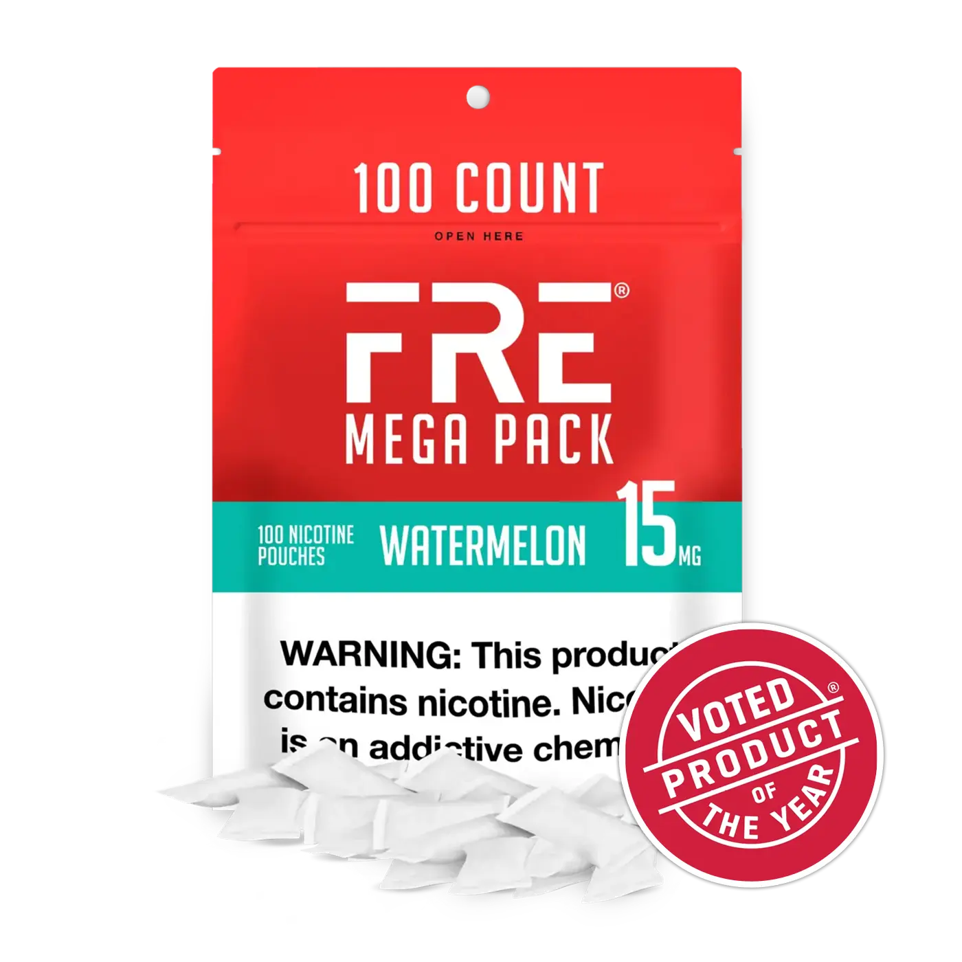 FRE Mega Pack Watermelon 15mg nicotine pouches, 100 count resealable bag with nicotine warning label