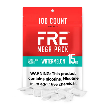 FRE Mega Pack Watermelon 15mg nicotine pouches, 100 count resealable bag with nicotine warning label
