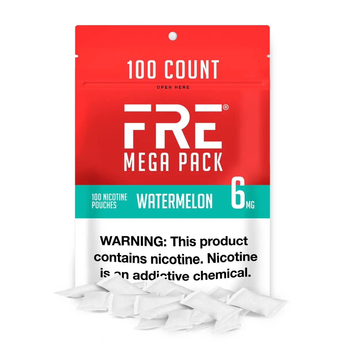 FRE Mega Pack Watermelon 6mg nicotine pouches, 100 count resealable bag with nicotine warning label