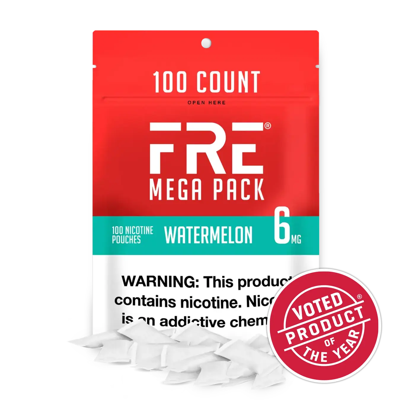 FRE Mega Pack Watermelon 6mg nicotine pouches, 100 count resealable bag with nicotine warning label