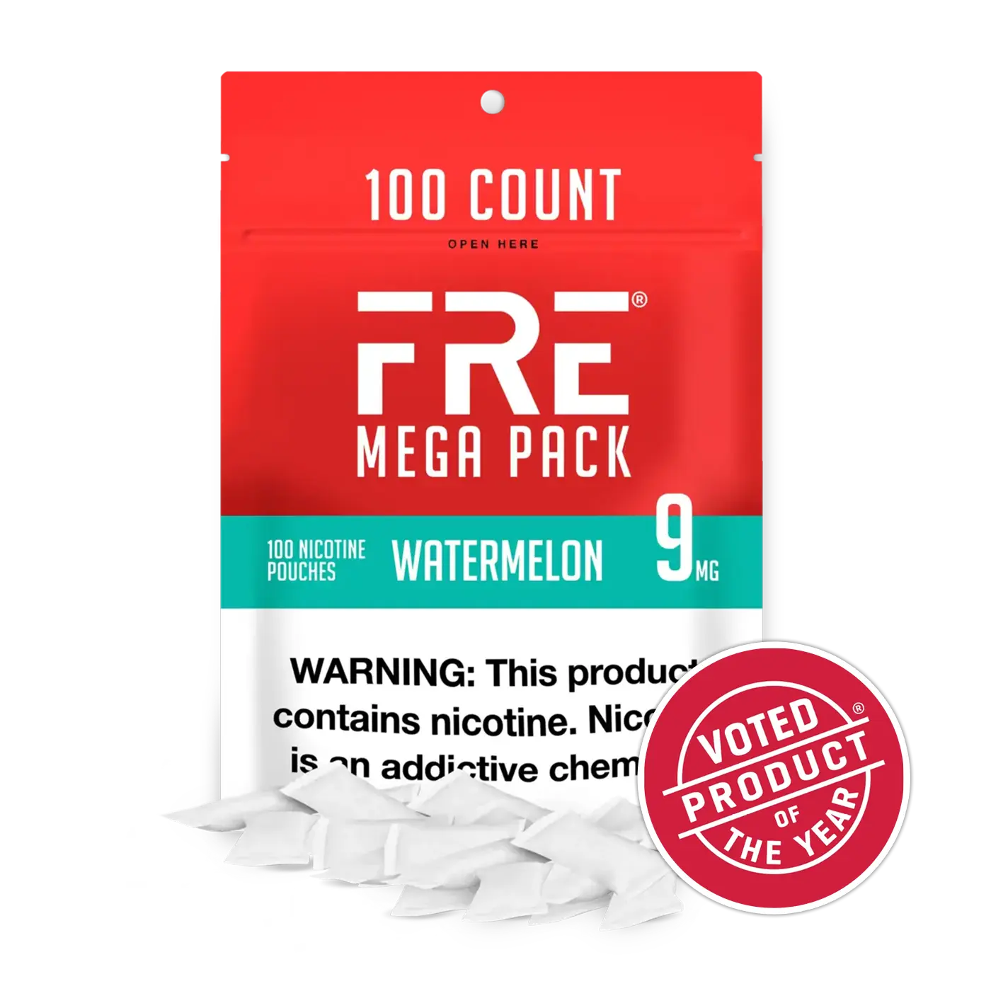 FRE Mega Pack Watermelon 9mg nicotine pouches, 100 count resealable bag with nicotine warning label