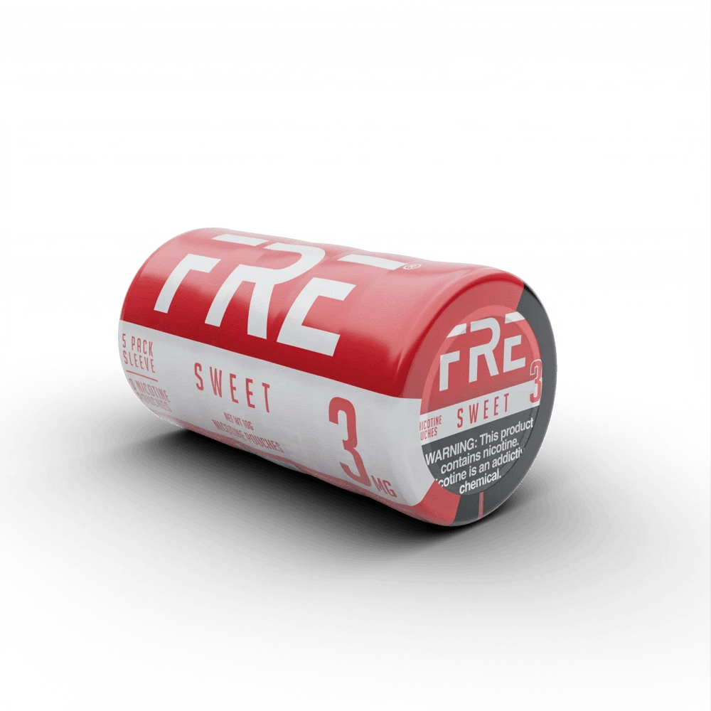 3 mg bulk sweet nicotine pouches in FRE-branded red and white 5-pack sleeve, featuring product label and nicotine warning.