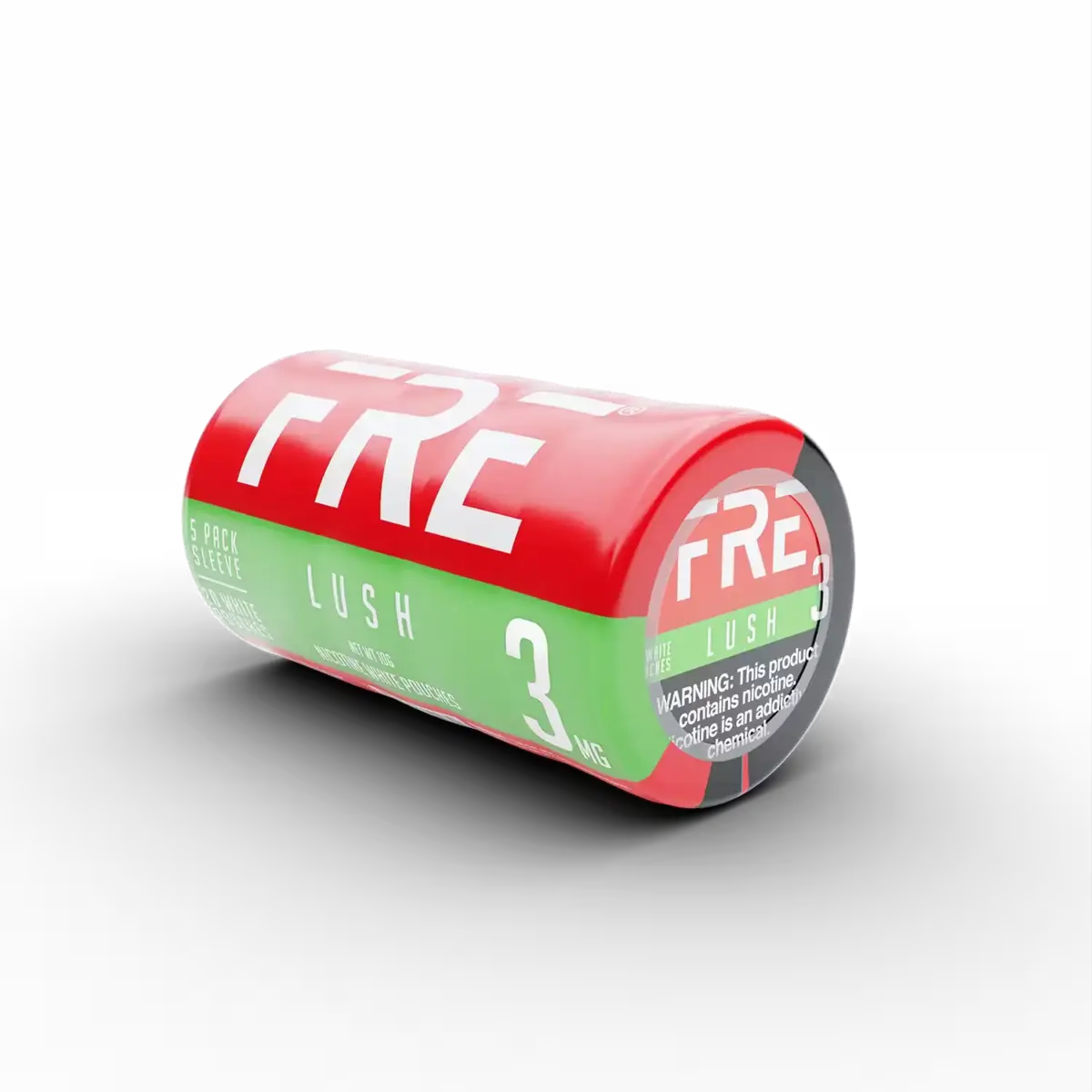 3 mg nicotine pouch in a FRE Lush 5-pack sleeve with red and green packaging on a black background.