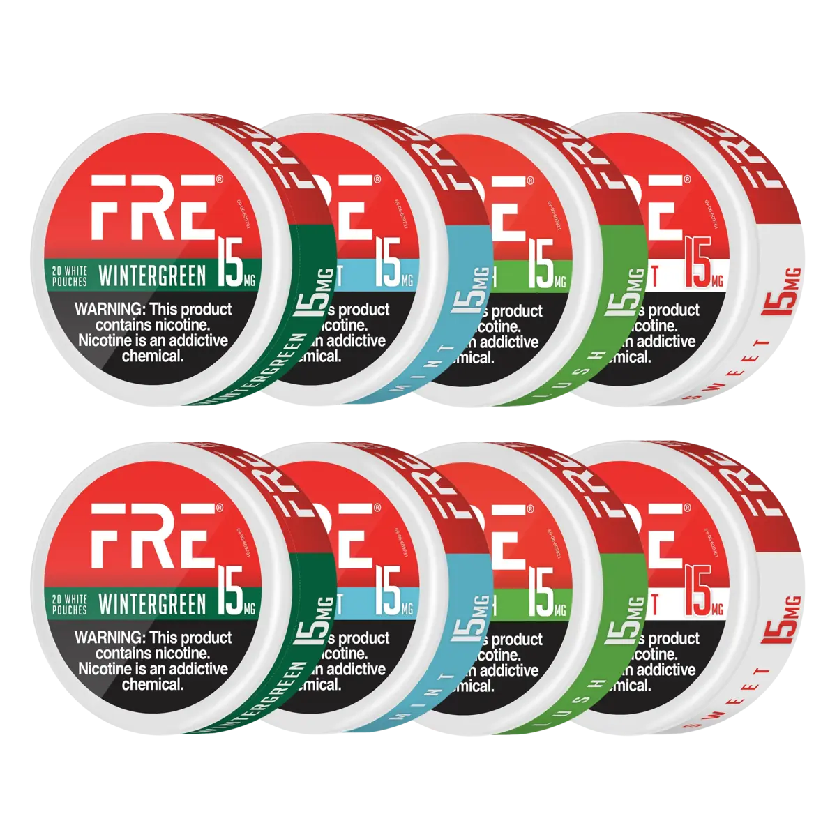 FRE nicotine pouches in wintergreen, mint, and spearmint flavors, each with 15mg strength and 20 white pouches per can