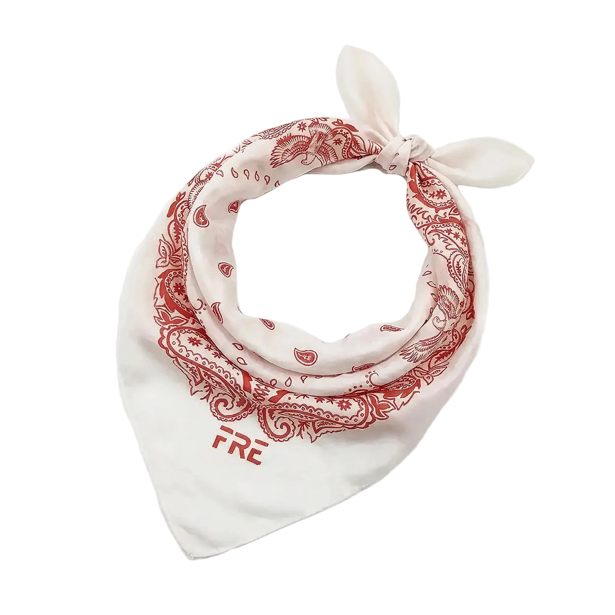 A white square bandana with a red paisley pattern and the letters 'FIRE' printed in red near the bottom corner, tied in a loop at the top and styled with a bow, on a solid white background.