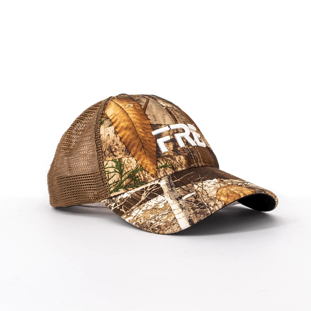 Camo trucker hat with mesh back and embroidered FRE logo on the front in white text.