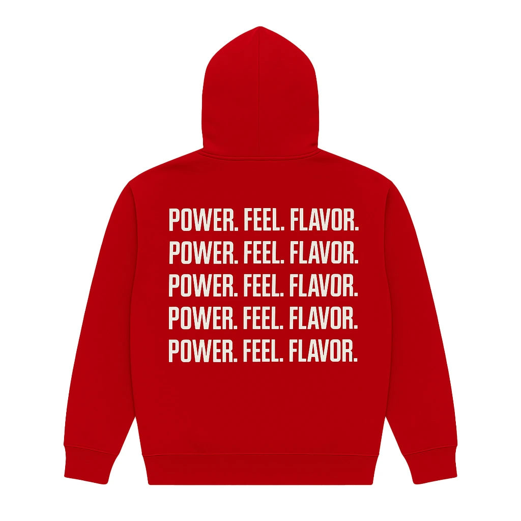 Red FRE Pouch hoodie, back view, printed with "Power. Feel. Flavor."
