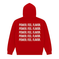 Red FRE Pouch hoodie, back view, printed with "Power. Feel. Flavor."