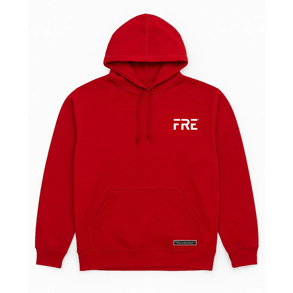 Red FRE Pouch hoodie with drawstrings, front