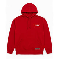 Red FRE Pouch hoodie with drawstrings, front