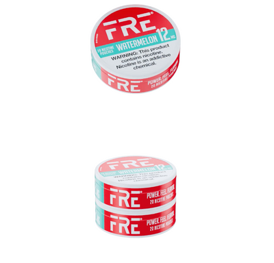 Animation of a 5-pack roll of FRE Watermelon Nicotine pouches stacking and wrapping