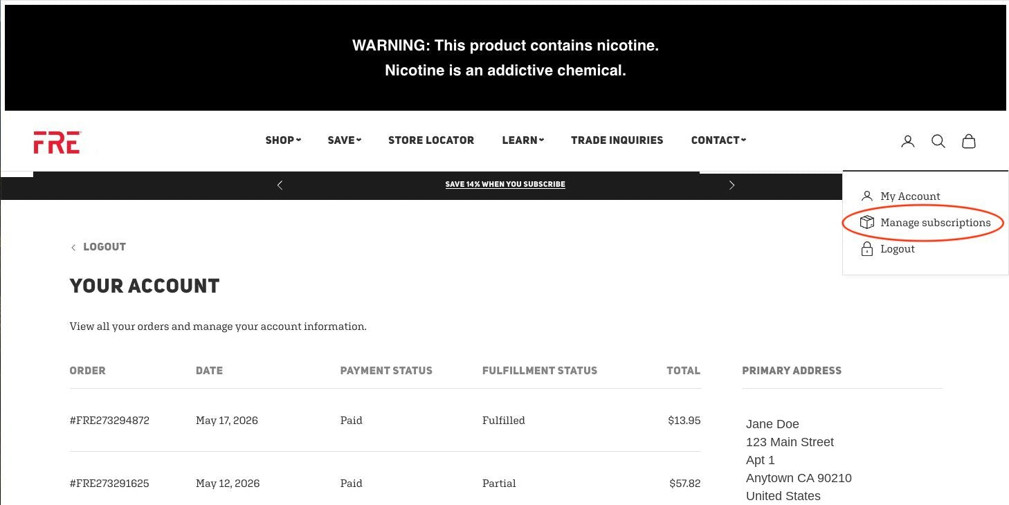 Account dropdown menu with Manage subscriptions option highlighted