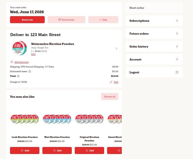 Subscription dashboard showing the next order with the product card