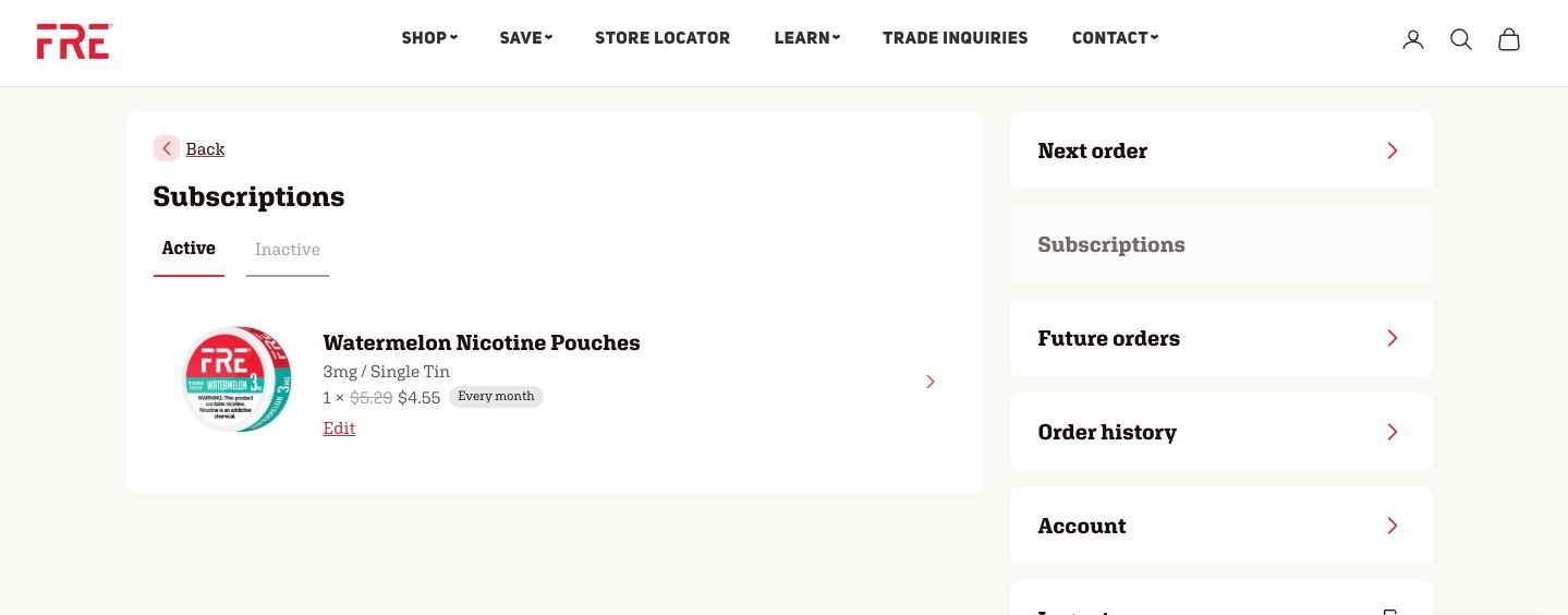 Subscriptions page with Active tab selected