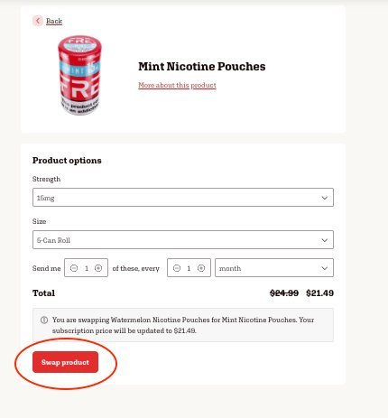 New product options screen with strength and size selectors and Swap product button