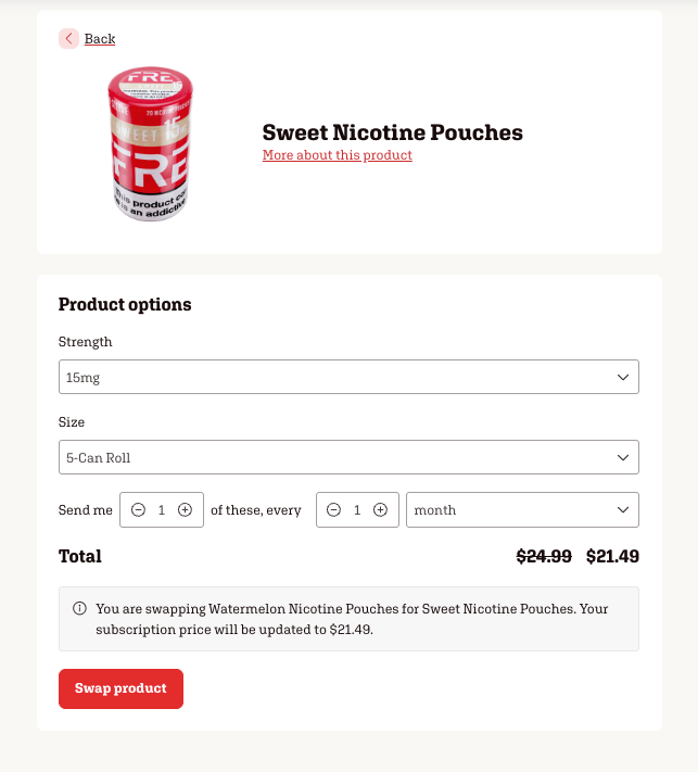 New product options screen with strength and size selectors and Swap product button
