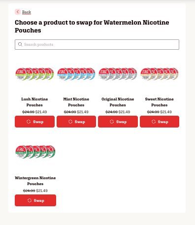 Product picker grid with Swap buttons under each product
