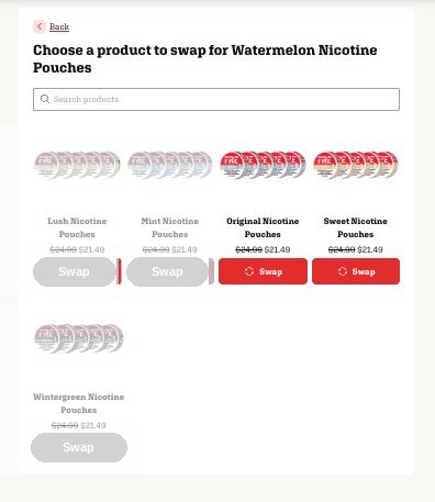 Product picker showing Sweet and Original Nicotine Pouches as the available swap options