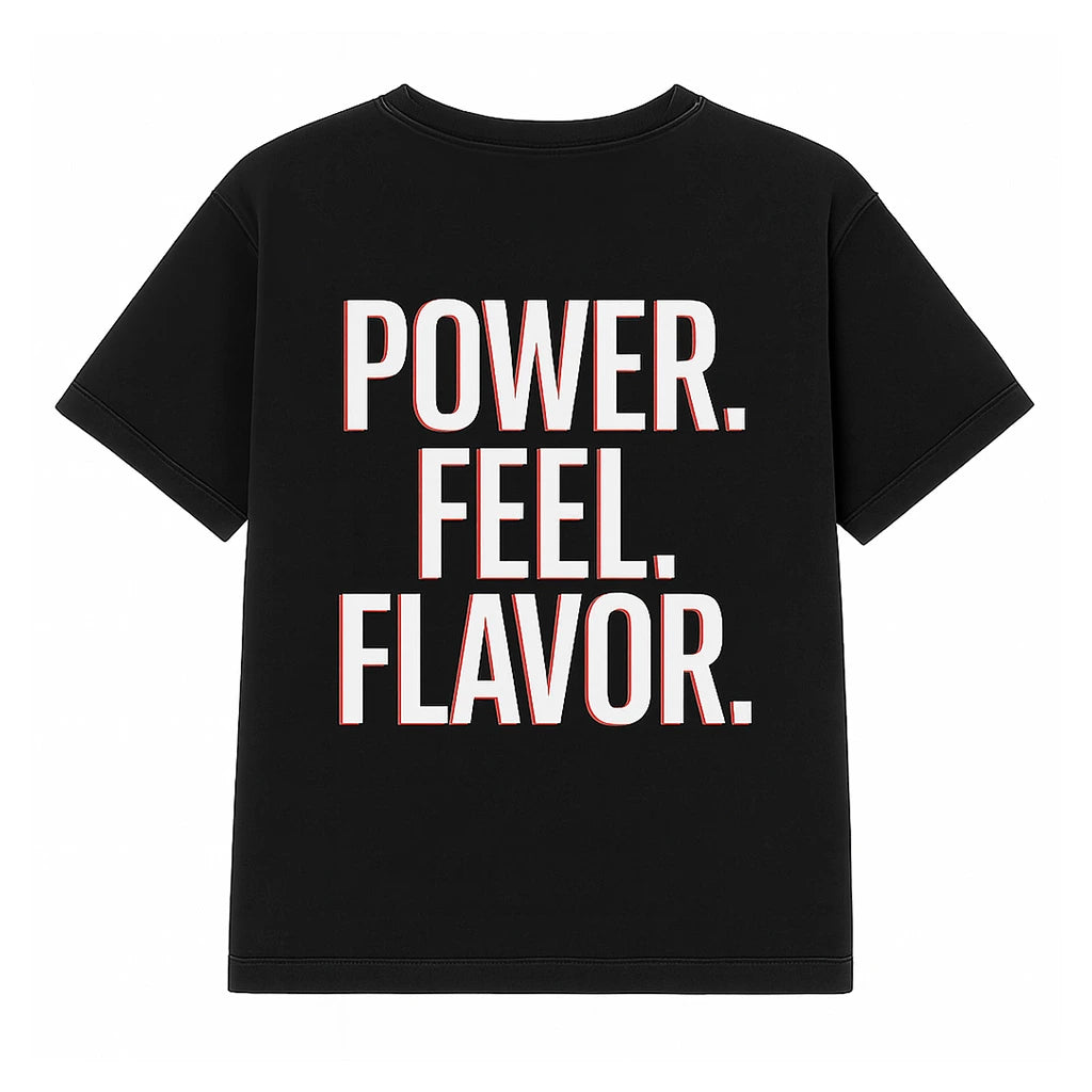 FRE Pouch distressed black t-shirt, back, printed with "Power. Feel. Flavor."