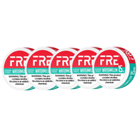 FRE Watermelon nicotine pouches 15mg, five-pack of 20-count cans with visible nicotine warning label